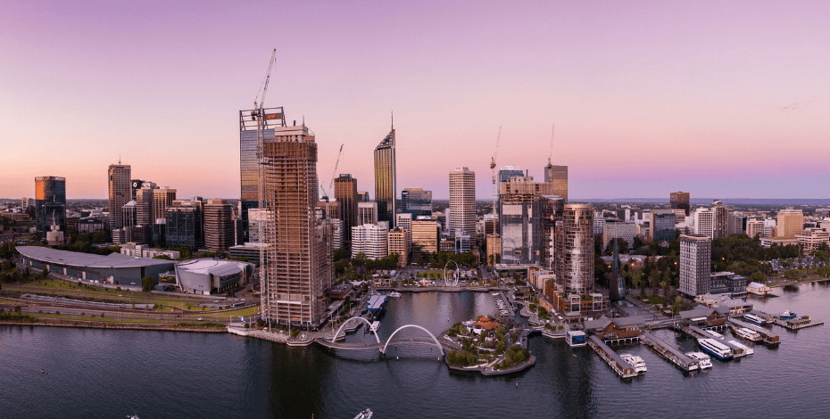 The image is of the Perth skyline at dusk