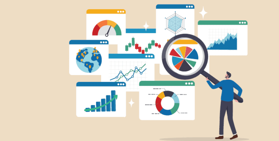 Graphic of person holding a magnifying glass over a series of tables and graphs