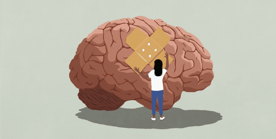 Drawing of a woman placing a band aid upon a brain. 