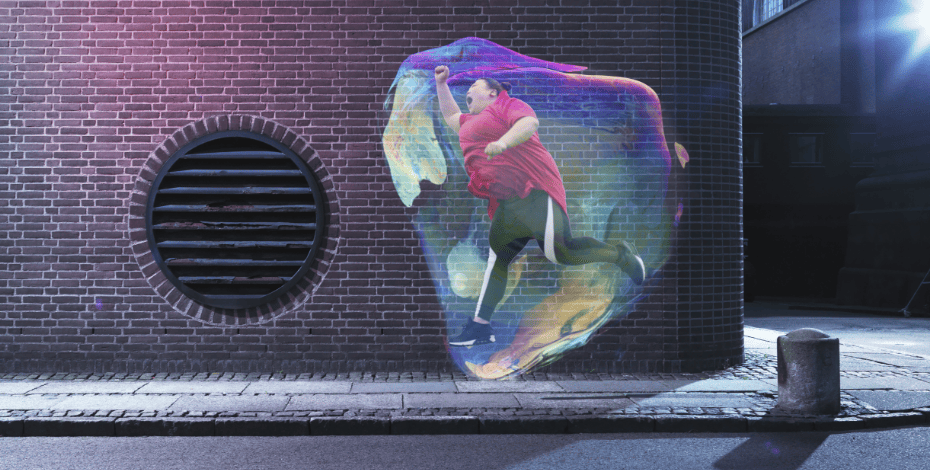 a larger person is running down a street but captured in a bubble to represent them being trapped in their larger body and in perceptions by healthcare professionals.