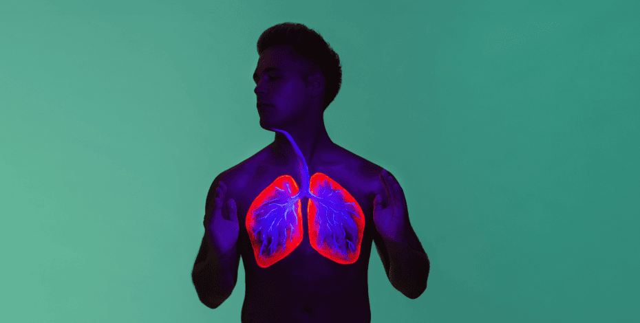 The image is of the torso and head of a man. The body is very dark against a green background and the lungs are highlighted in red and purple. 