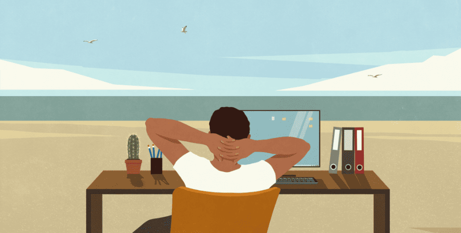 A cartoon of the back of a man sitting in front of a desk at the beach as if to signify being on holiday from work.