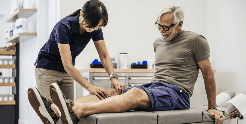 Patient receiving treatment on his knee from a physiotherapist