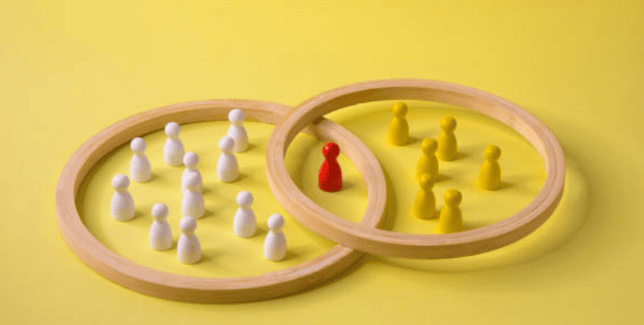 A venn diagram filled with people on either side, and only one person in the centre