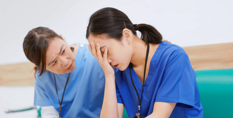 Two physiotherapists consult each other after one suffers compassion fatigue.