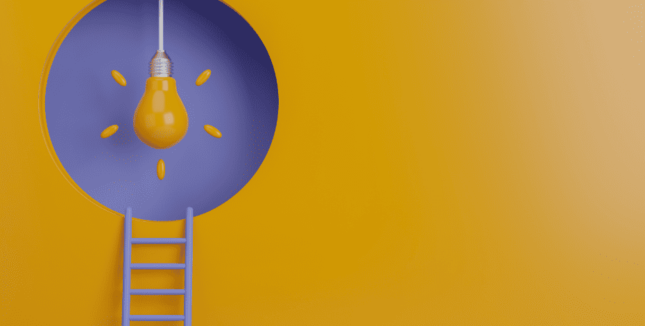 The image is of a yellow lightbulb against a purple circle in a yellow background. There are little rays surrounding the lightbulb suggesting that it is on. A purple ladder reaches up towards the lightbulb. 