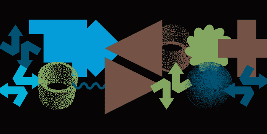 The image is an abstract collection of shapes including triangles, arrows and cylinders in browns, blues and yellows. 