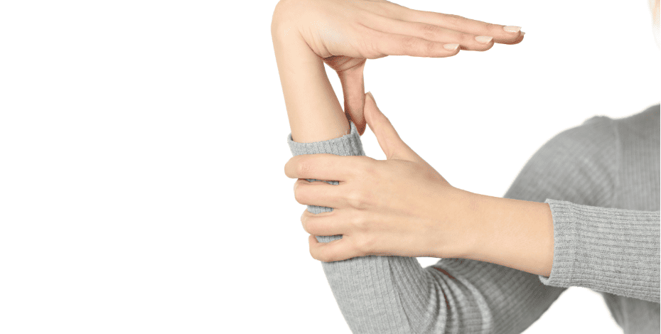 The image shows a person's arms, with the rest of the person off-camera. The person is demonstrating their hypermobility by bending their thumb down to touch their forearm. 