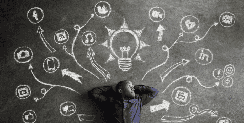 The image is of a man leaning against and looking up at a blackboard, which is covered with icons that represent innovation and ideas