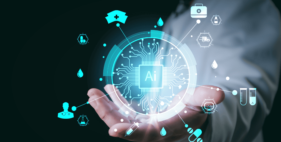 Person holding an logo that says AI. 