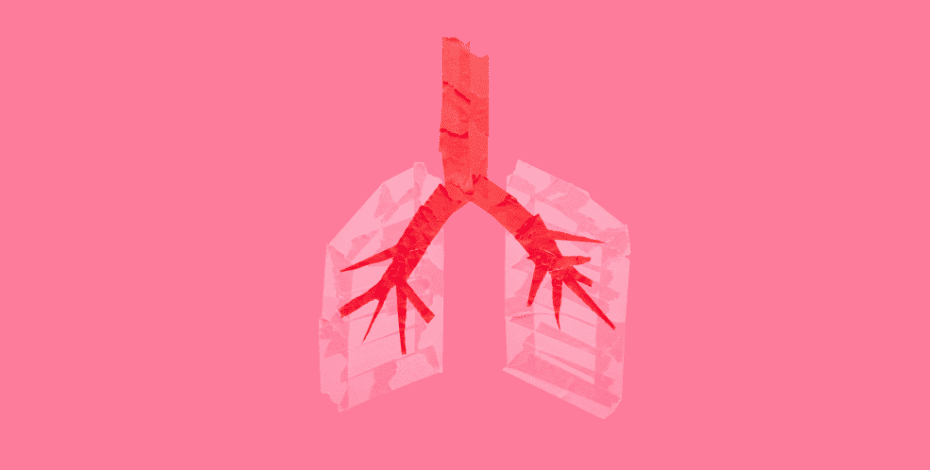 The image is a stylised representation of the lungs created with pink and red tape. 