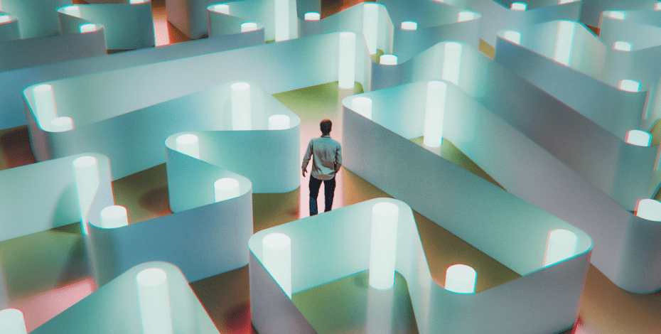 An artist's impression of a man walking through a maze as if confused about which direction to take.