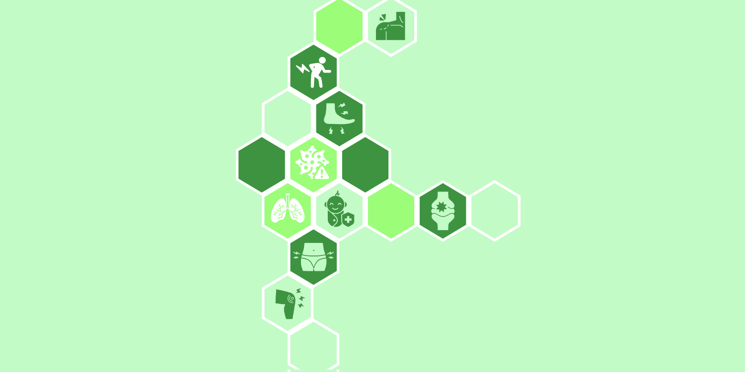 A honeycomb design, with icons in the cells representing physiotherapy research areas including back pain, foot pain, lungs, joints and more. 