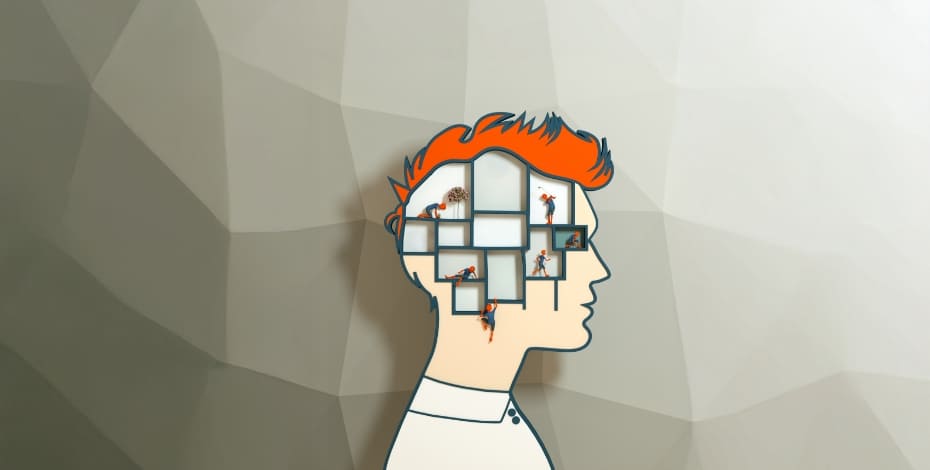 The image is a cartoon of a person's head from the side. Inside the head are rooms with people doing activities like gardening, running, relaxing and more. 