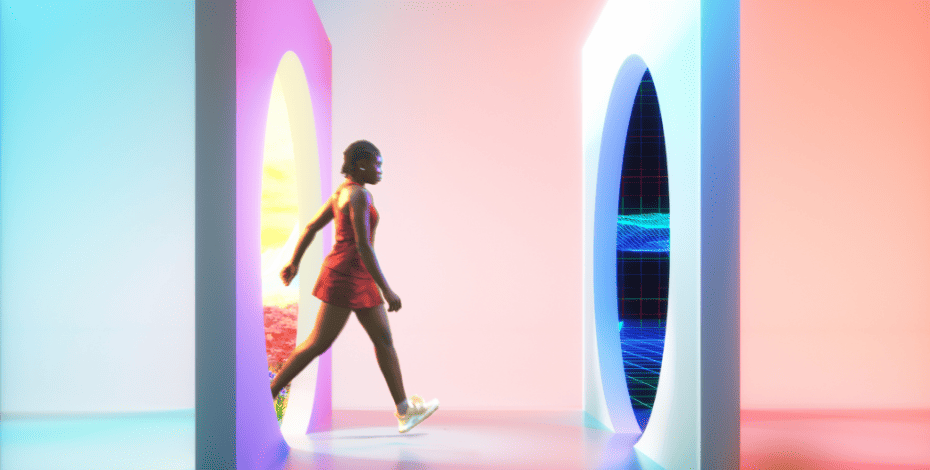 The illustration shows a woman walking out of one door and through another