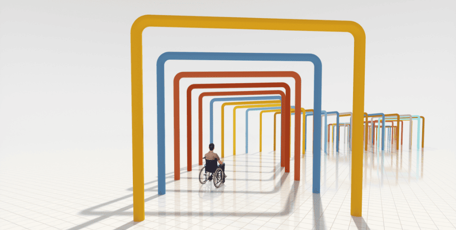 The image is a series of arches extending into the distance. There is a silhouette of a person in a wheelchair who is going through the arches, signifying that they are moving into a different phase of their life. 