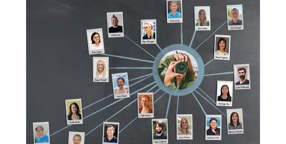 The image is of a woman hiding behind a camera, taking a photo. A series of photographs of physiotherapists surround the central photo, representing snapshots. 