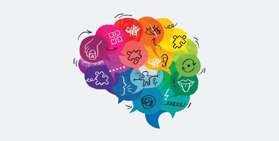 An artist's impression of a divergent brain represented in rainbow flag colours for the LGBTQIA+ community.