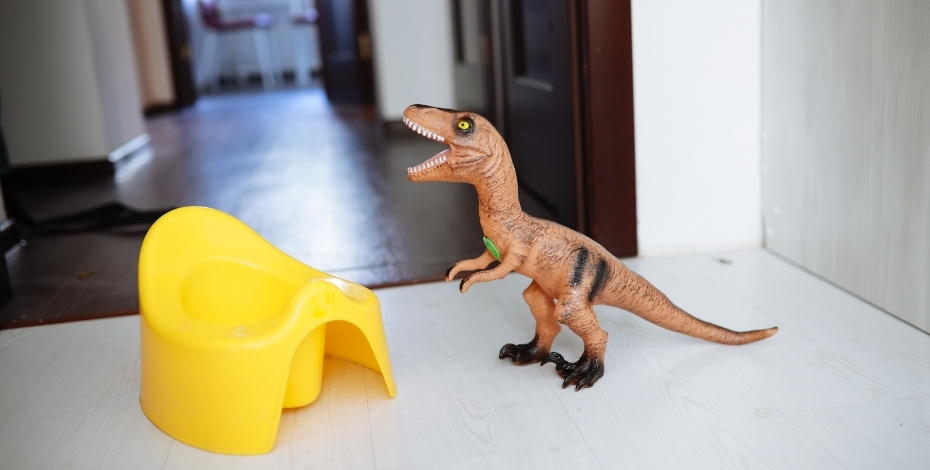 Graphic of a toy dinosaur next to a child's potty.
