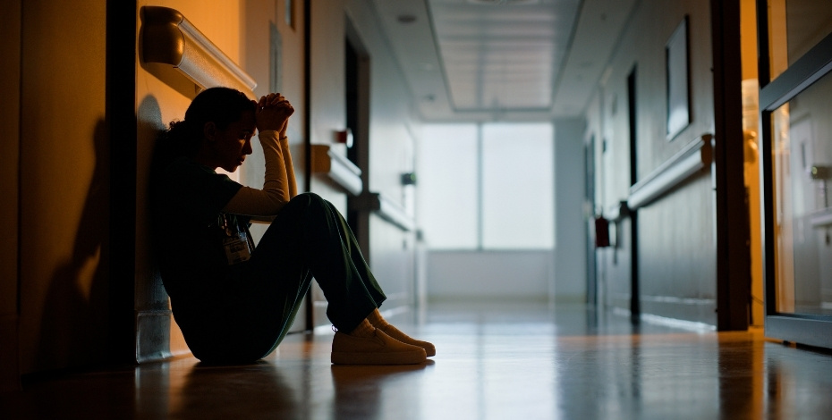A woman is sat on the floor of a health facility and looks like she has some burning questions.
