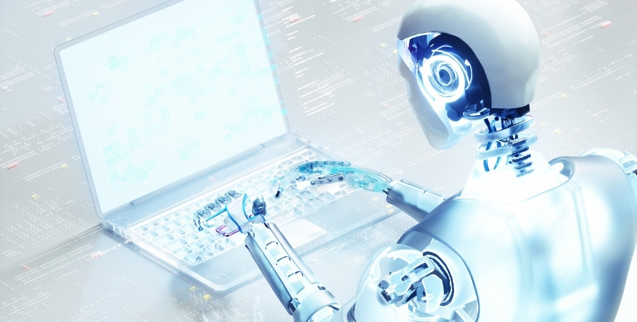 A robot typing on a computer 