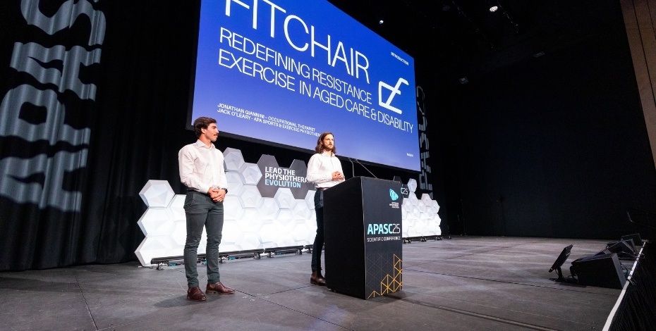 Jack O’Leary and Jonathan Giannini pitches FitChair at the PRF Physio Pitchfest in October 2025. 