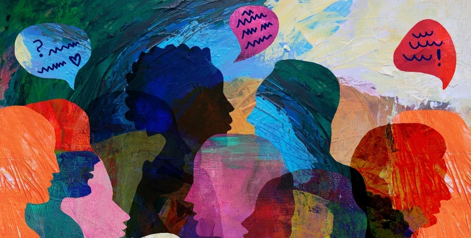 The outline of a group of people talking to each other. Featuring many bright colours.