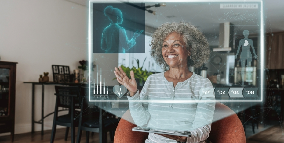 The image is of a woman holding a tablet and interacting with a holographic display, which is in front of her. 