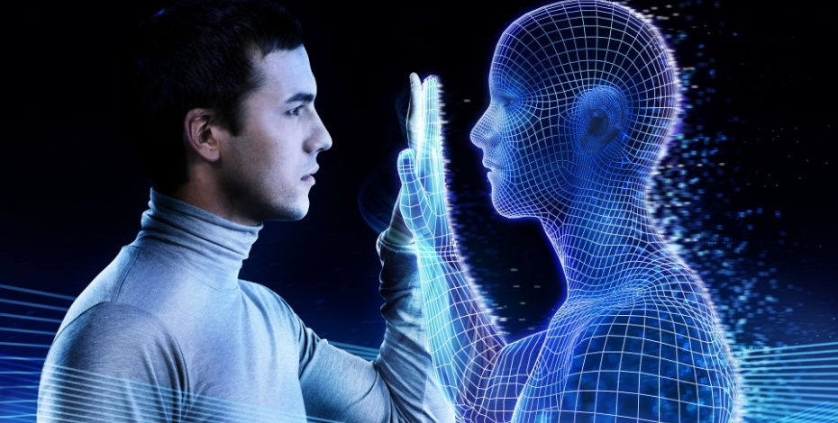 The image depicts a man holding up a hand to touch the hand of a digital representation of a man. 