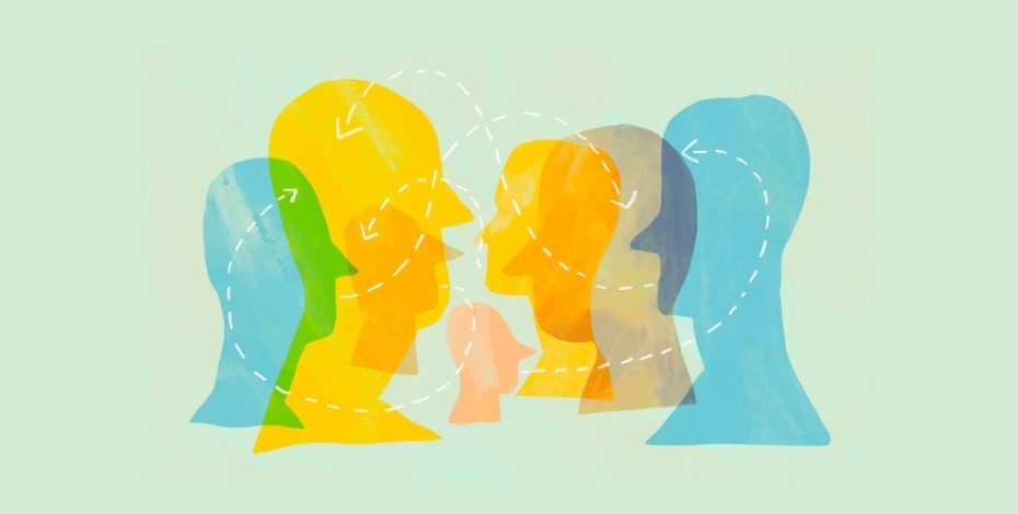 The image depicts several heads in silhouette, with dotted arrows looping around from individual mouths to other peoples' brains. 