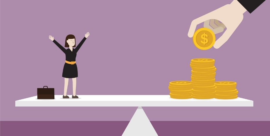 An illustration of a set of scales, with a professional worker standing on one side with her arms in the air and an arm placing coins on the other side. 