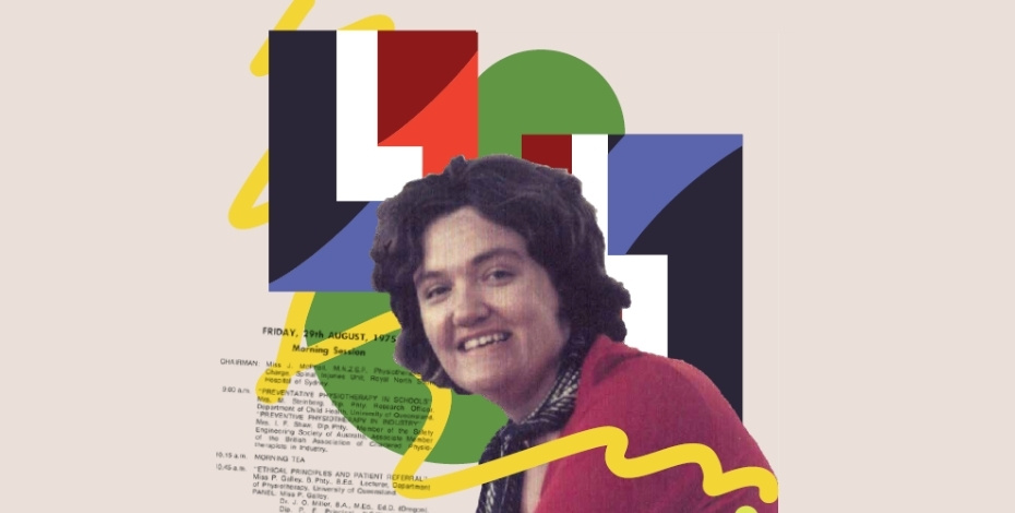 A photo of physiotherapy trailblazer Prue Galley is superimposed over a graphic image representing the 1970s. 