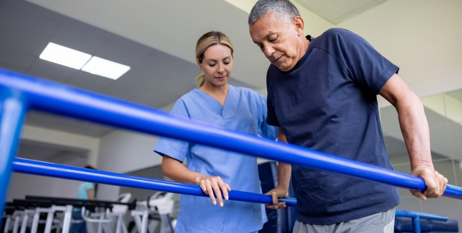 A patient being helped by a physiotherapist