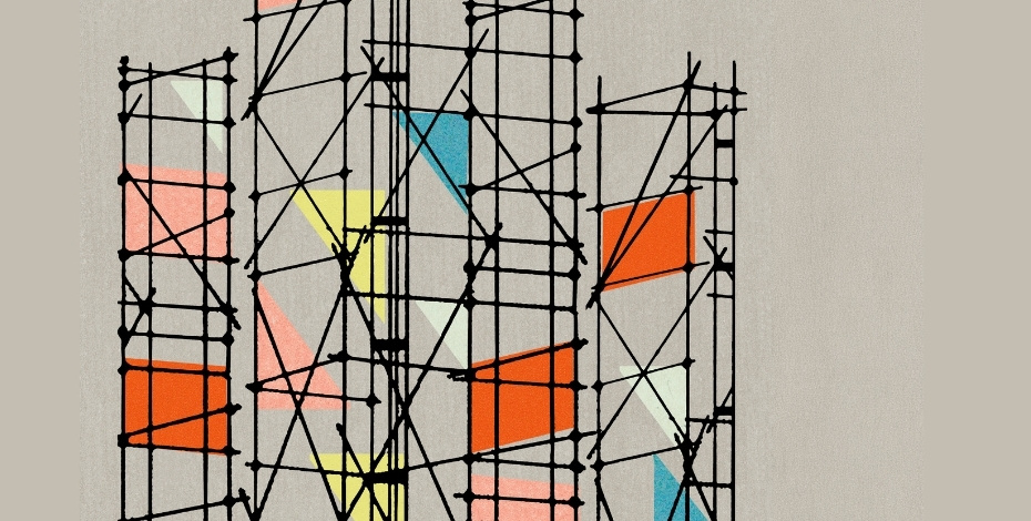 The image is an illustration of a builder's scaffold. 