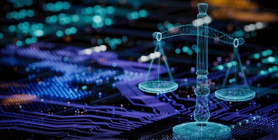 Graphic of a computer circuit board and scales