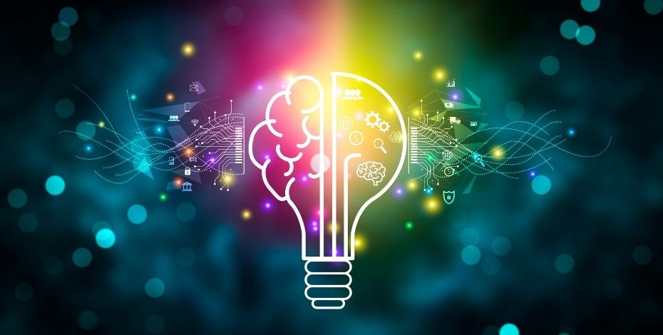 A light bulb overlaid with a graphic of a brain