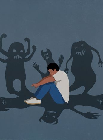 A graphic of a depressed person surrounded by scary images