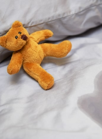 An orange teddy bear sits on grey sheets near a large patch of wetness.