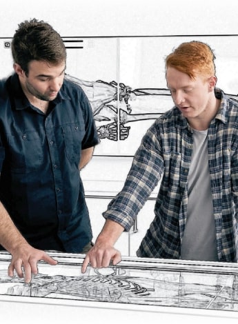 "Two men are looking at an anatomy image on a table. One is wearing a blue shirt and has dark hair. The other has red hair and is wearing a plaid shirt. The background including the table is sketched."