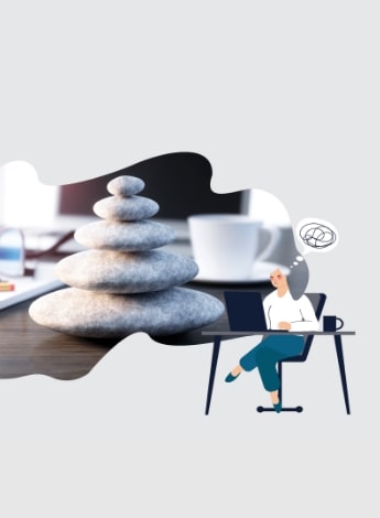 Graphic image of stones stacked on a desk and a cartoon woman with a 'stress cloud' above her head.