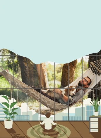 Man lying in a hammock with a dog with a cartoon man meditating in an office.