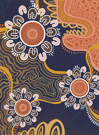 This image is of an Aboriginal artwork with concentric circles and wavy lines. The artwork describes conversations and journeys about being an ally. 
