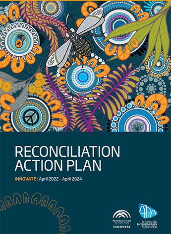 "The image is of the cover of the Australian Physiotherapy Association's Reconciliation Action Plan. It is blue with Aboriginal Artwork across it."