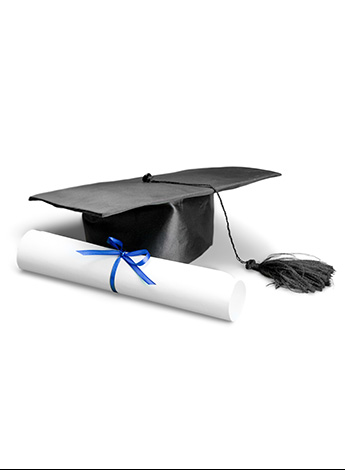 "The image shows a mortarboard cap and rolled up diploma"