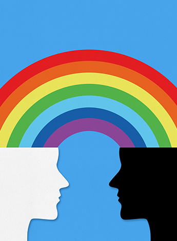 "the image is of tow silhouetted heads, one white and one black. The top of each head is opened like a lid and a rainbow joins them. "